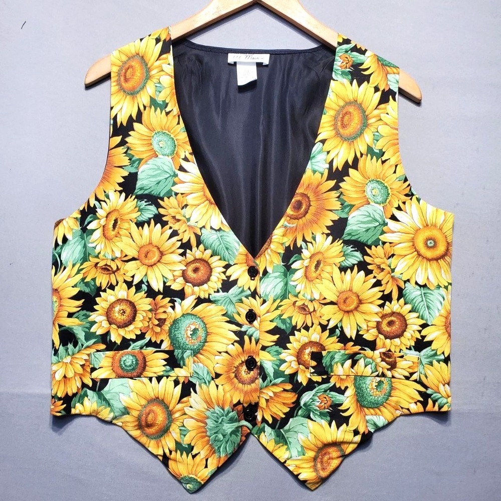 VTG 111 Main Sunflower Print Vest Women L/XL Yellow Floral Lined Cottagecore USA